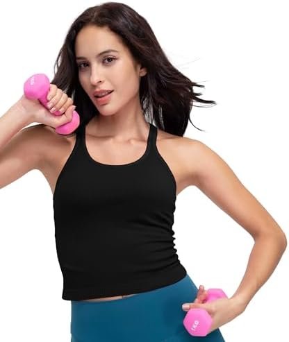 Seamless Ribbed Workout Racerback Tank Tops with Built in Bra for Women